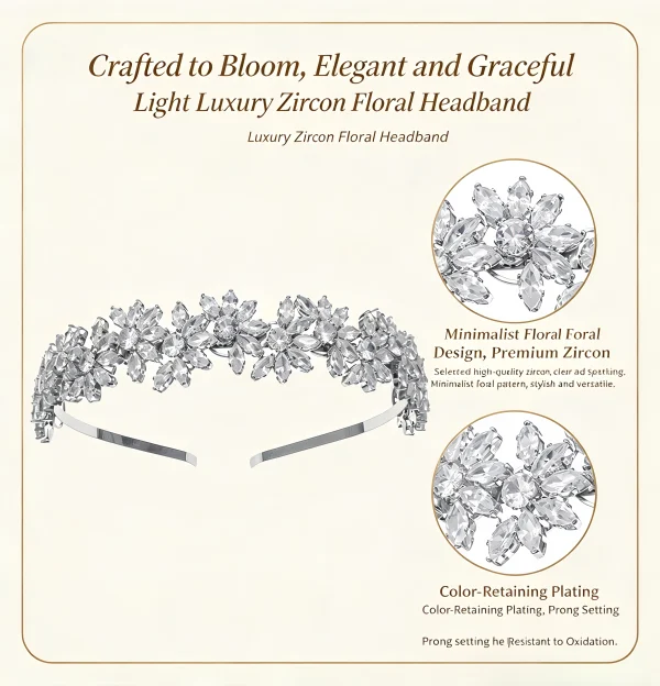 Zircon Floral Headband Crystal Flower Hairband for Women - Front View